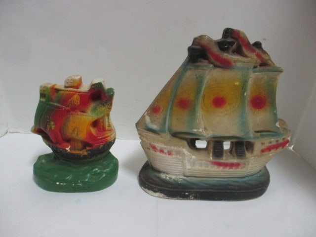 2 Vintage Carnival Chalkware "Sailboat" Sculptures - 1 is marked "1961: Greenville Fair", 7" and 10 1/2"