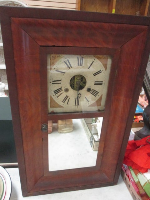 Antique Smith's Wood Frame Pendulum Mantel Clock with Mirror: 17" x 28 1/2", no key