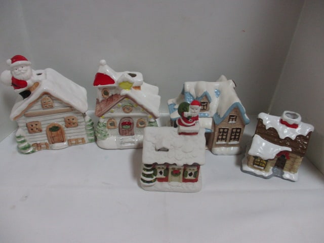 5 Christmas Village Ceramic Candle/Light Holder Houses: 5 1/2" to 8", see pictures and preview for selection and condition