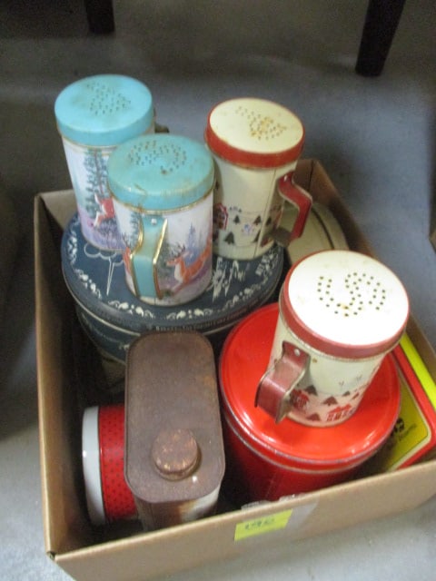 Grouping of Vintage Tin Containers, Salt & Pepper Shakers, and Oil Can: see pictures and preview for selection and condition