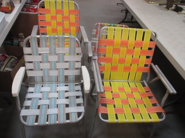 4 Retro Aluminum and Woven Webbed Seat Folding Lawn Chairs: Local Pickup Only