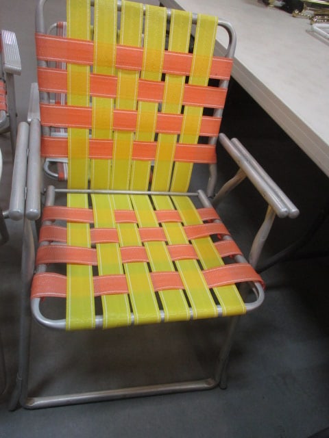 4 Retro Aluminum and Woven Webbed Seat Folding Lawn Chairs - 2