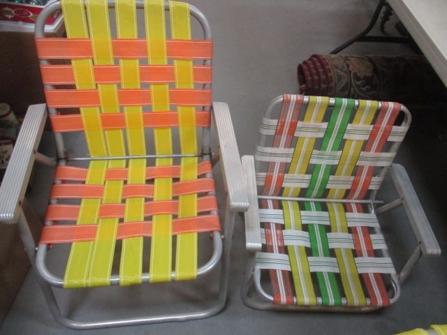 4 Retro Aluminum and Woven Webbed Seat Folding Lawn Chairs - 4