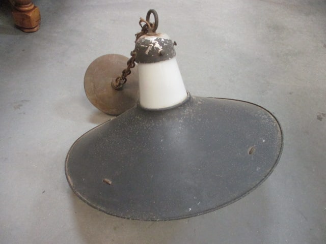 Vintage White Milk Glass with Metal Shade Hanging Pendant Light: 18", rust and wear