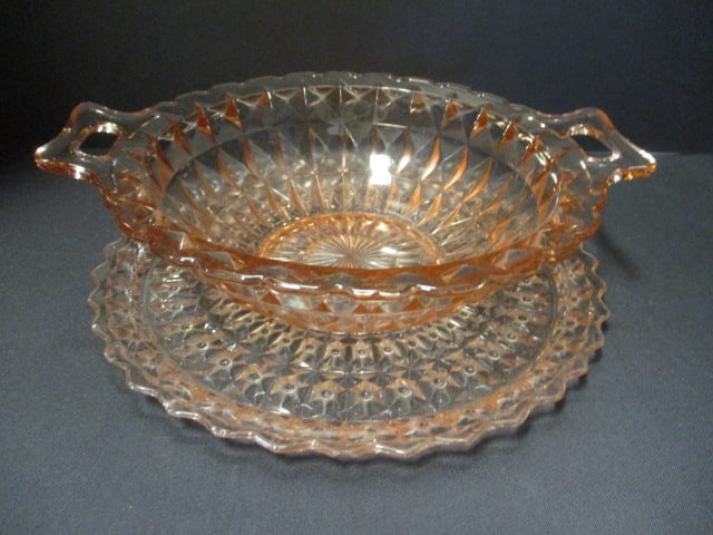 Vintage Jeannette Windsor Diamond Pink Depression Glass Bowl and Round Platter: 10 1/2" (to handles) x 3" and 10 1/4"-chips