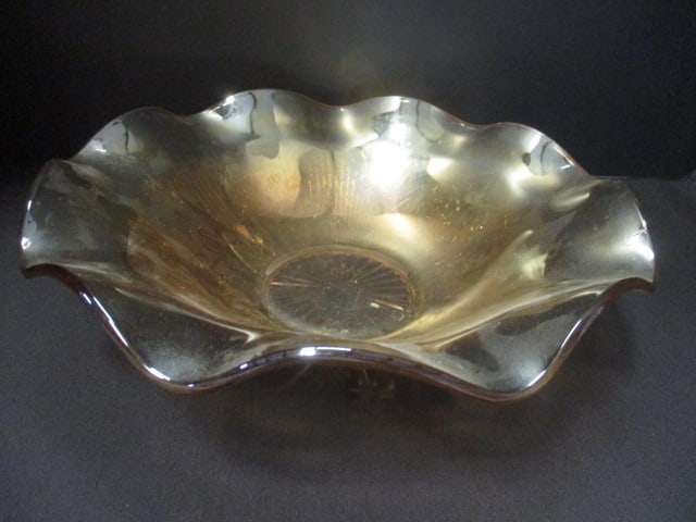 Vintage Jeannette Ruffled Edge Marigold Iridescent Glass Bowl: 12" x 3 1/4"