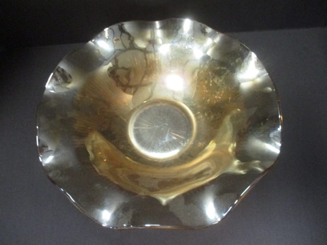 Vintage Jeannette Ruffled Edge Marigold Iridescent Glass Bowl - 2