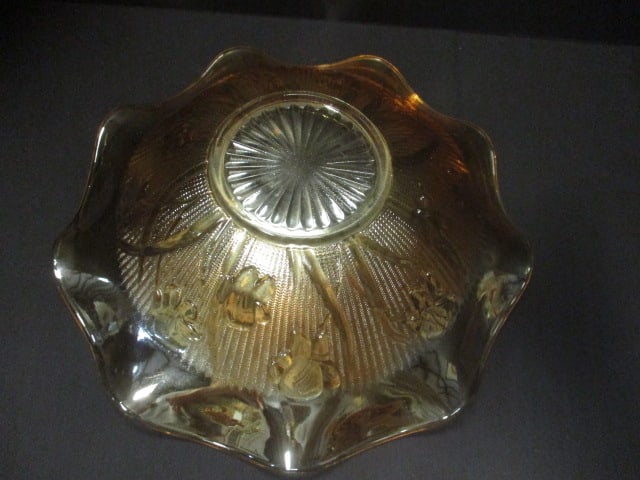 Vintage Jeannette Ruffled Edge Marigold Iridescent Glass Bowl - 3