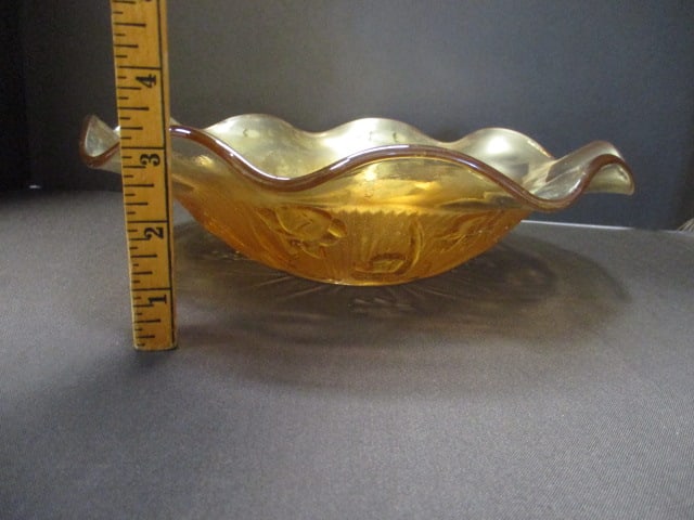 Vintage Jeannette Ruffled Edge Marigold Iridescent Glass Bowl - 4