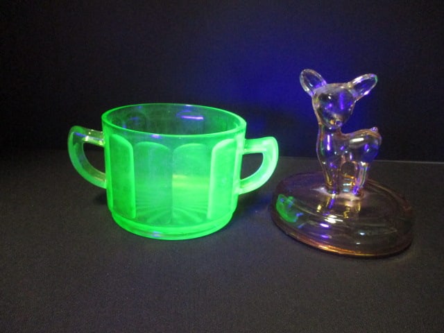 Vintage Jeannette Marigold Carnival Glass "Deer Fawn" Lid and Green Uranium: Glass Sugar Bowl (no lid), 2 1/4" and 4 1/4"