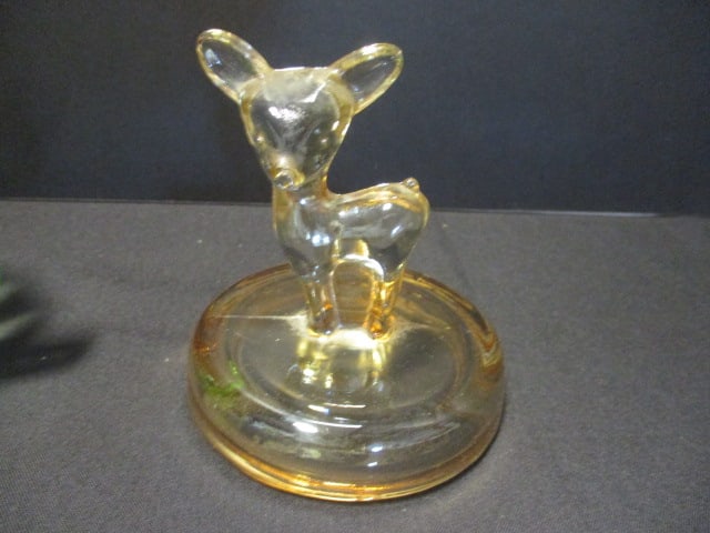 Vintage Jeannette Marigold Carnival Glass "Deer Fawn" Lid and Green Uranium - 4
