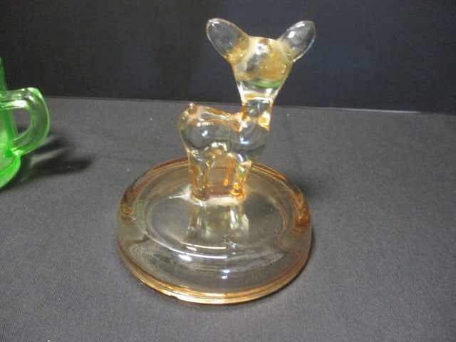 Vintage Jeannette Marigold Carnival Glass "Deer Fawn" Lid and Green Uranium - 5