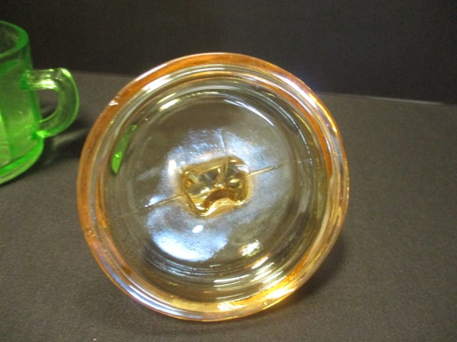 Vintage Jeannette Marigold Carnival Glass "Deer Fawn" Lid and Green Uranium - 6