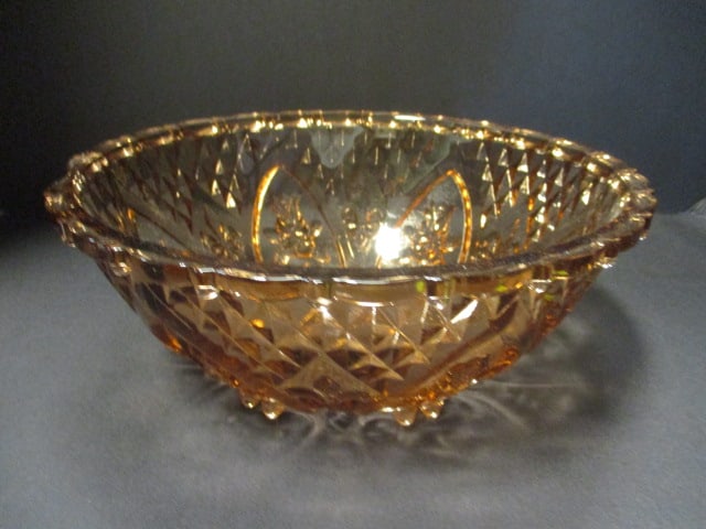 KIG Indonesia Pink Cut Rose Fleur de lis Footed Glass Bowl: 10" x 4"