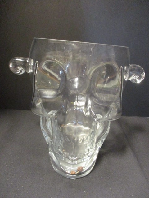 Clear Glass Skull "Brain Freeze" Ice Bucket or Candy Dish: 10 1/2" (to handles) x 8 1/4"