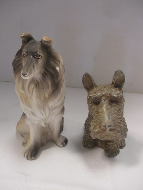 Vintage Painted Metal "Scottie Dog" Bank and Painted Ceramic "Collie" Figurine: 4 1/4" and 6", nicks and wear