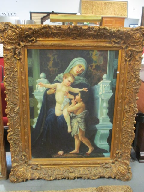 Large "Madonna and Child with Saint John" Classical Academic Style Oil Painting: Ornately Carved Frame 44 1/2" x 54 1/2" with Museum Light, Because of Local Pickup Suggested, Please Call UPS Store at (864)860-6068 for shipping quote