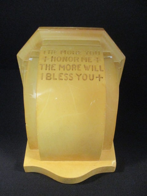 Religious "The More You Honor Me The More Will I Bless You" Offering Shelf: 7 1/2" x 6 3/4" x 7 1/2", some age discoloration and chips