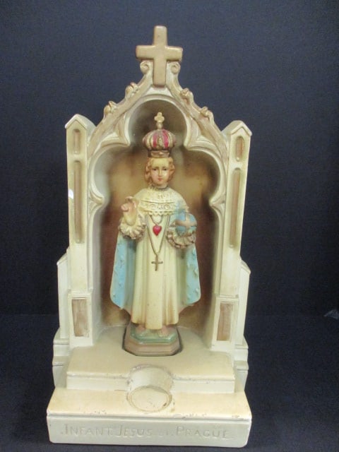 "Infant Jesus of Prague" Handpainted Devotional Statue: 9" x 6" x 16 1/2", chalkware, some chips