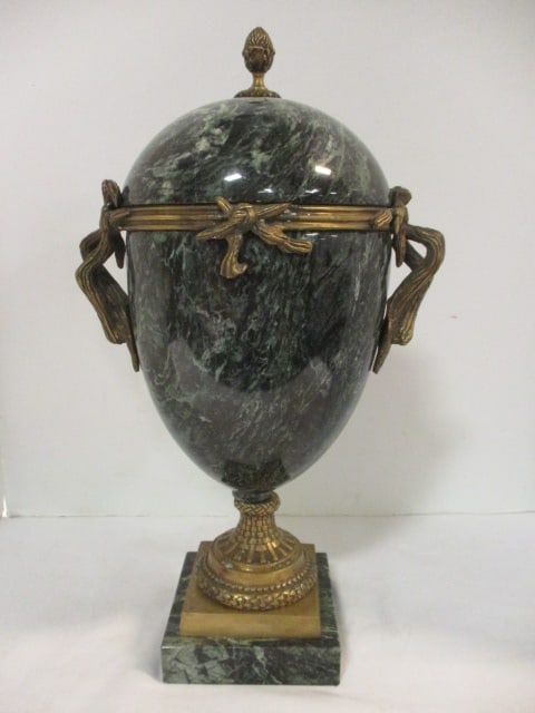 Heavy Green Marble and Brass Urn: 18"h
