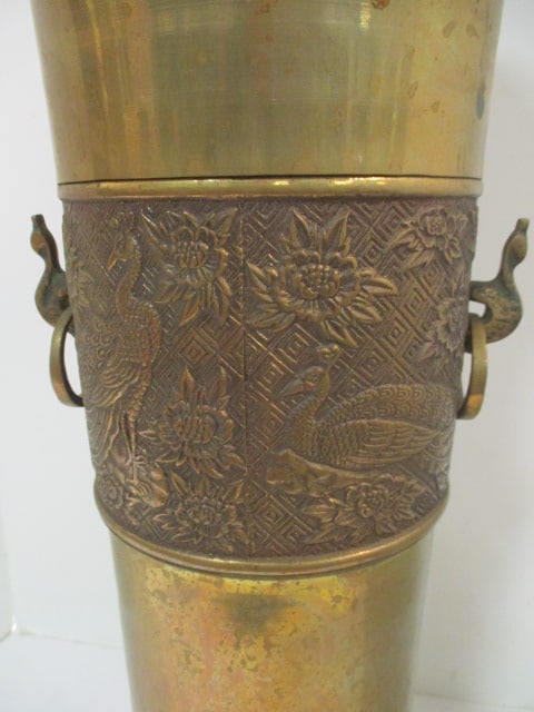 Tall Brass Urn Vase with Chinese Peacock and Flower in Relief Band Accent - 3