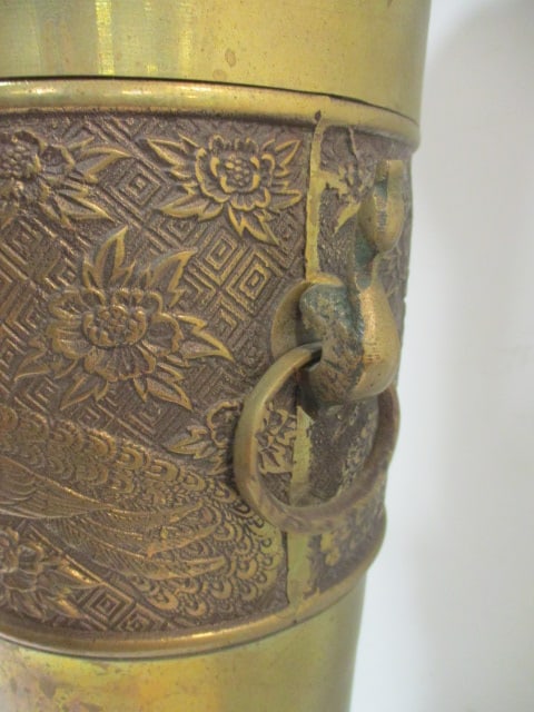 Tall Brass Urn Vase with Chinese Peacock and Flower in Relief Band Accent - 4