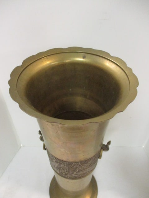 Tall Brass Urn Vase with Chinese Peacock and Flower in Relief Band Accent - 5