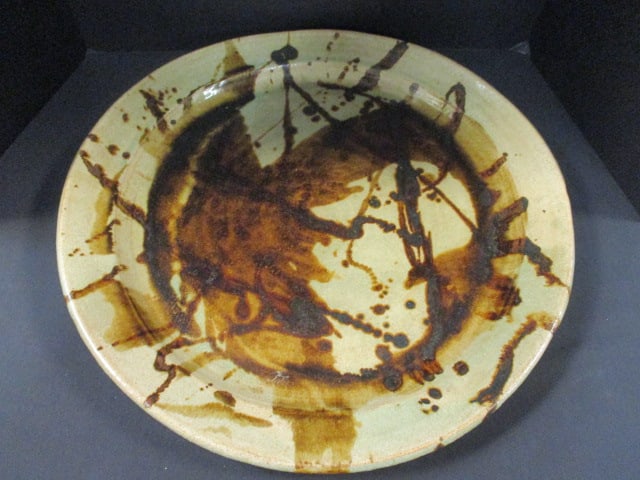 Large Studio Pottery Splatter Design Glazed Charger: 20 1/2"dia, Local Pickup Suggested