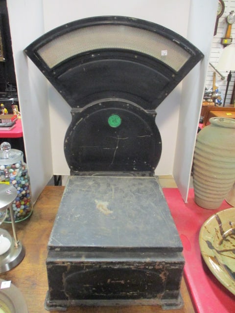 Antique Fan Shape Countertop Postal Scale: 25" x 24" x 27 1/2", has State of California seal sticker, some age/use wear to paint, spring is loose on inside, Local Pickup Only