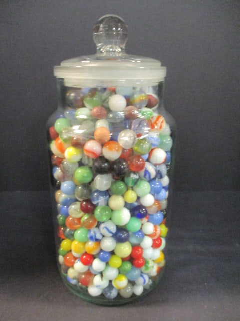 Glass Apothecary Jar Filled with Marbles: 11 1/2"h