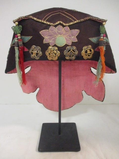 Vintage Asian Hand Sewn Embroidered and Embellished Textile Headdress on Display Stand: .