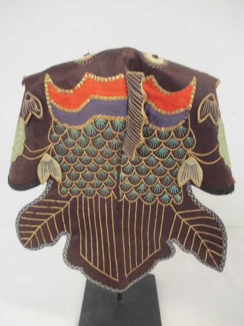 Vintage Asian Hand Sewn Embroidered and Embellished Textile Headdress on Display Stand - 5