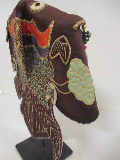 Vintage Asian Hand Sewn Embroidered and Embellished Textile Headdress on Display Stand - 7