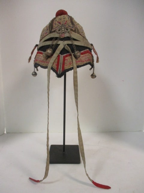 Vintage Asian Hand Sewn Embroidered and Embellished Textile Headdress on Display Stand: .