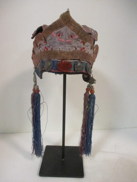 Vintage Asian Hand Sewn Embroidered and Embellished Textile Headdress on Display Stand: .
