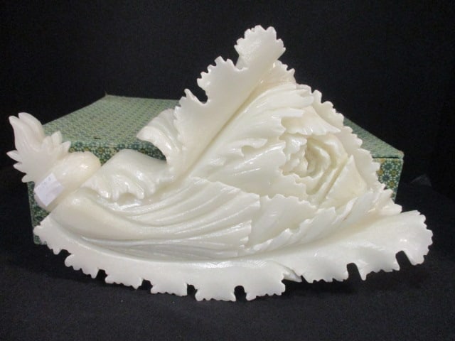 Intricately Carved White Onyx/Jade Ornamental Sculpture with Fabric Covered Box: 13" long