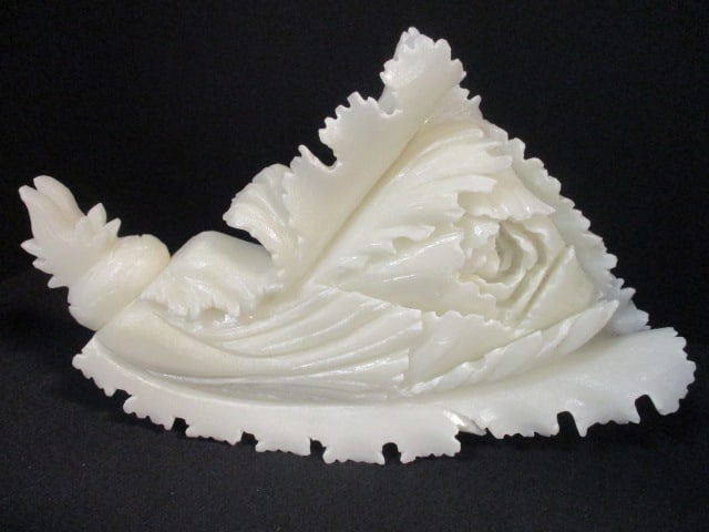 Intricately Carved White Onyx/Jade Ornamental Sculpture with Fabric Covered Box - 2