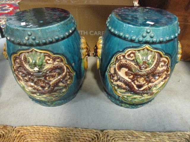 Pair of Handpainted Pottery Garden Stools (1 of 6)