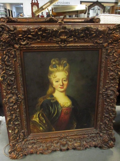 Rococo Revival Portrait of French Court Aristocratic Lady Painting: Ornately carved frame 32" x 36" x 4" with brass museum light, Due to size Local Pickup Suggested, Call UPS Store at (864)268-6068 for shipping quote