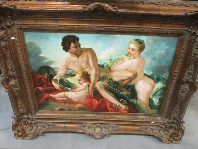 Rococo Style Semi-Nude Figural Painting of Cherub and Lovers: Ornately carved frame 50 1/2" x 38 1/2" x5 1/4" with brass museum light, artist signed in lower left corner-see pictures and preview for signature, Due to size Local Pickup Suggested, Call UPS Store
