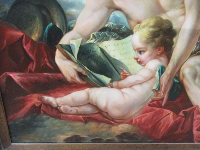 Rococo Style Semi-Nude Figural Painting of Cherub and Lovers - 3