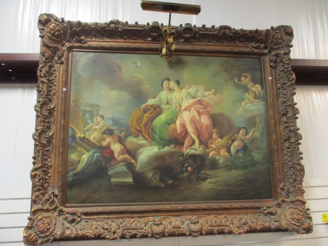 Rococo Style Figural Painting Depicting Idyllic Romantic Scene with Lovers and Cherubs: Ornately carved frame 62 1/2" x 51" x5 1/2" with brass museum light, artist signed in lower left corner-see pictures and preview for signature, Due to size Local Pickup Suggested, Call UPS Store at