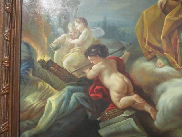 Rococo Style Figural Painting Depicting Idyllic Romantic Scene with Lovers and Cherubs - 3