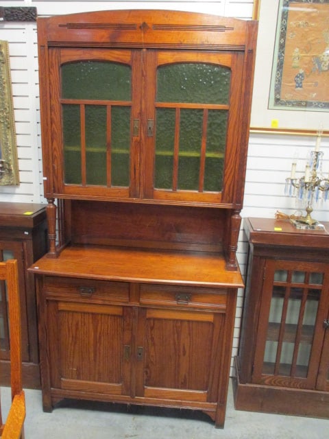 Arts & Craft 2 Piece China Hutch with Green Pebble Glass Doors (1 of 9)