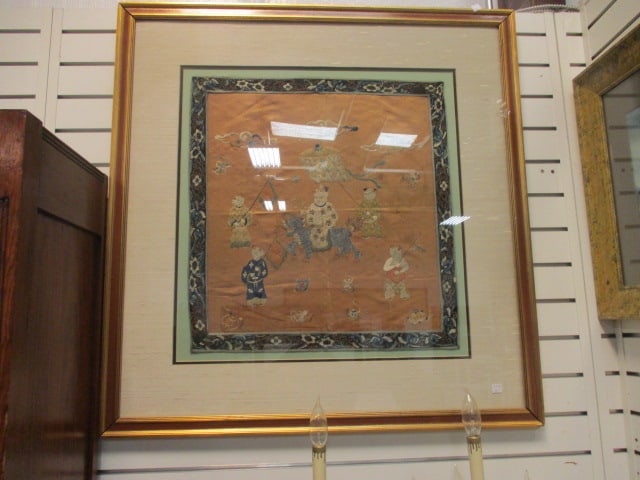 Vintage Framed and Matted Chinese Embroidered Silk Panel: 34" x 35, Local Pickup
