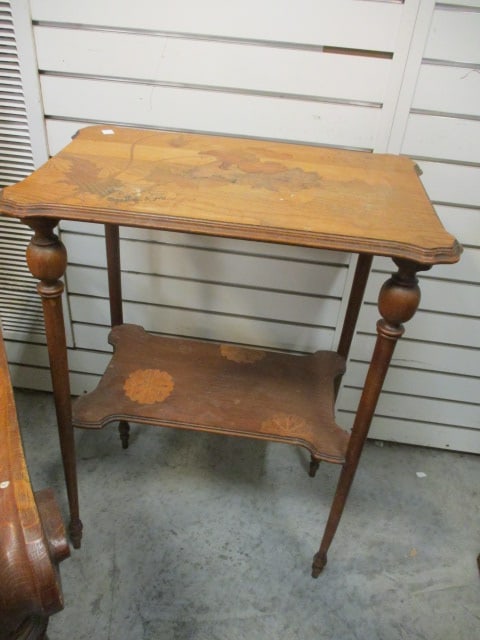 Signed French Art Nouveau Inlaid Floral Design Tiered Side Table: 22 1/4" x 14 1/4" x 29", possibly Emille Galle-see pictures and preview for signature, some finish wear and water marks, Local Pickup Only
