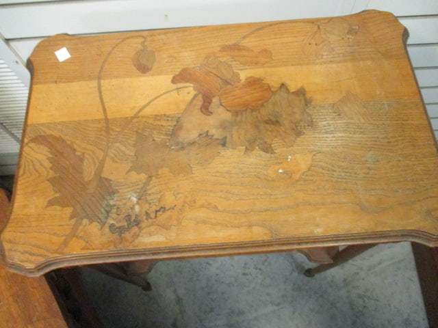Signed French Art Nouveau Inlaid Floral Design Tiered Side Table - 2