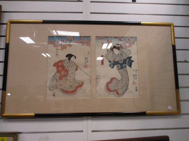 Vintage Signed Original Framed Japanese Geisha Woodblock Prints: Framed and matted 38 1/4" x 21 1/4"