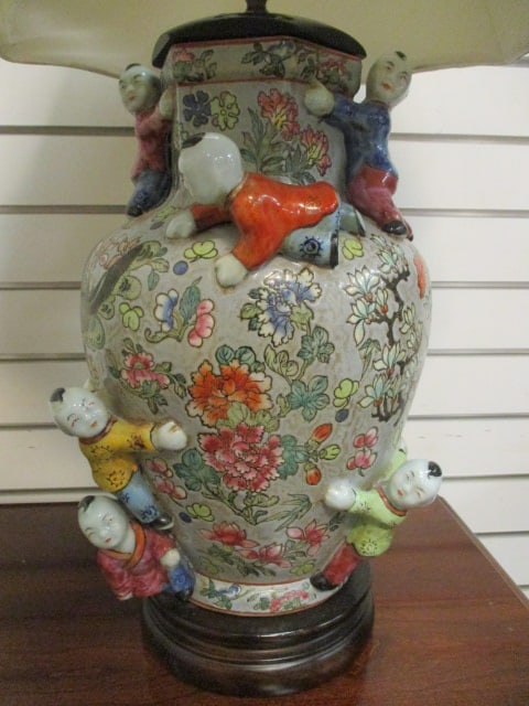 Asian Inspired Porcelain Ginger Jar Table Lamp with Applied Figural Climbing Children - 2