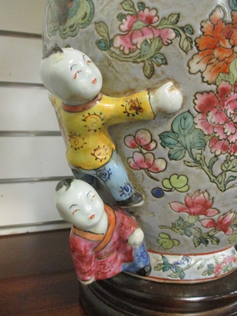 Asian Inspired Porcelain Ginger Jar Table Lamp with Applied Figural Climbing Children - 3